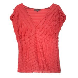 NY Collection sparkly short sleeve ruffle shirt v neck size medium coral